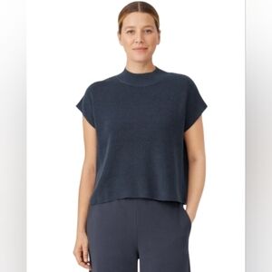 Eileen Fisher Navy Cap Sleeve Mock Neck Organic Linen/Cotton Top Size M Boxy